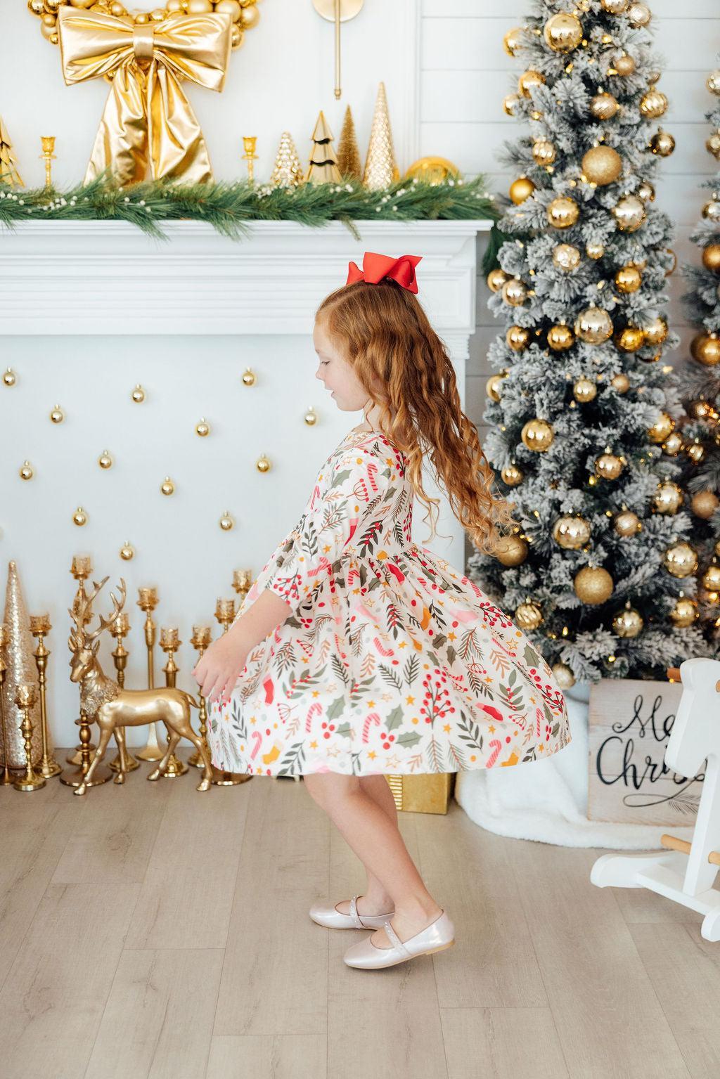 Girls' Holly Jolly Christmas 3/4 Sleeve Pocket Twirl Dress Size: 4T Toddler by Mila & Rose Girls' Holly Jolly Christmas 3/4 Sleeve Pocket Twirl Dress Size: 4T Toddler by Mila & Rose