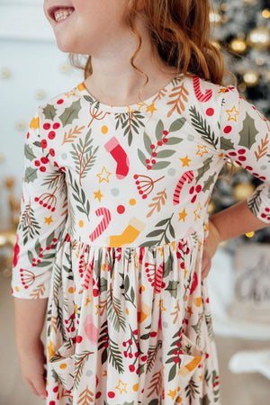 Holly Jolly Christmas 3/4 Sleeve Pocket Twirl Dress-Mila & Rose ®