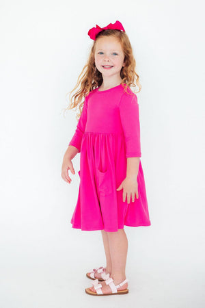 Hot Pink 3/4 Sleeve Pocket Twirl Dress-Mila & Rose ®