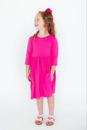 Hot Pink 3/4 Sleeve Pocket Twirl Dress-Mila & Rose ®