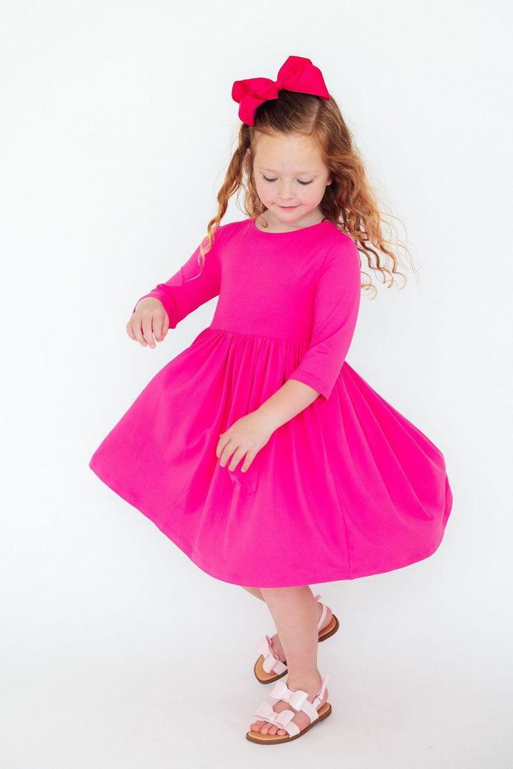Hot Pink 3/4 Sleeve Pocket Twirl Dress-Mila & Rose ®