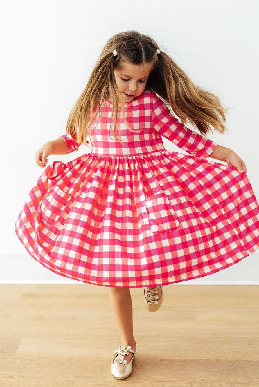 Hot Pink Gingham 3/4 Sleeve Pocket Twirl Dress-Mila & Rose ®