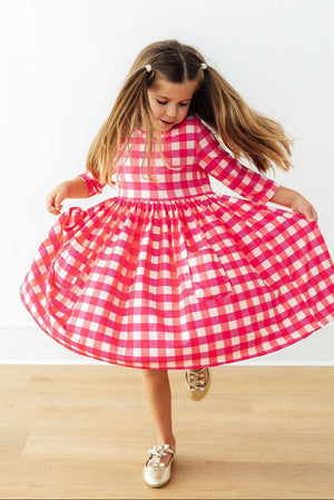 Hot Pink Gingham 3/4 Sleeve Pocket Twirl Dress-Mila & Rose ®