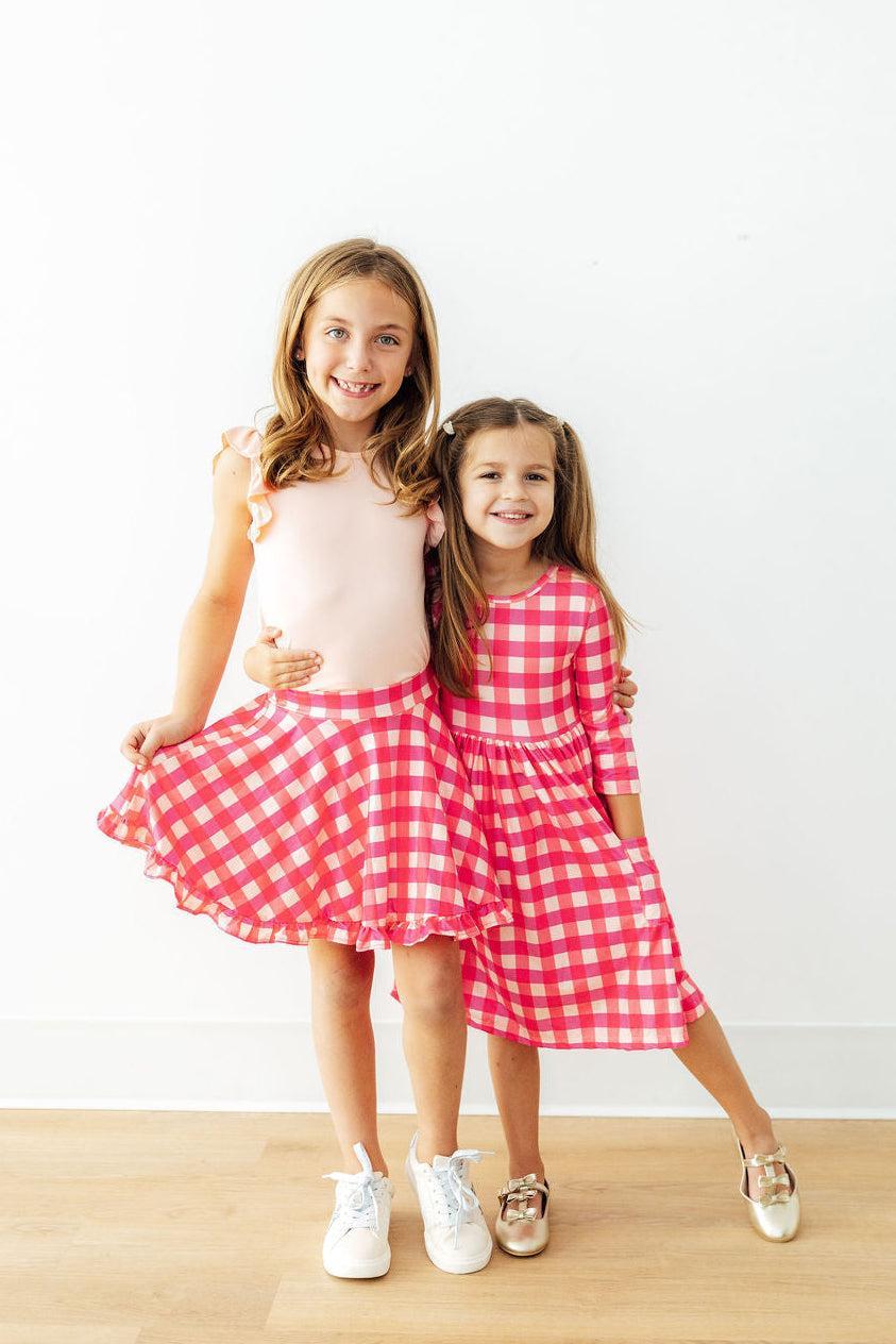 Girls' Hot Pink Gingham 3/4 Sleeve Pocket Twirl Dress Size: 7/8 By Mila & Rose Girls' Hot Pink Gingham 3/4 Sleeve Pocket Twirl Dress Size: 7/8 By Mila & Rose