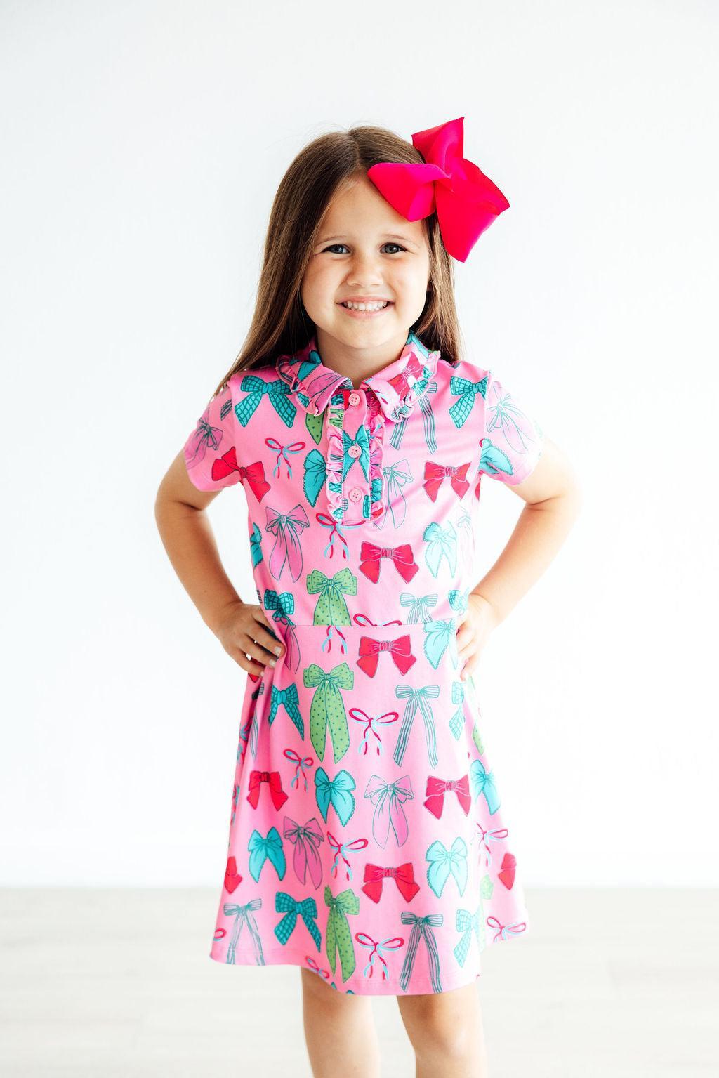 Girls' Pink Twirls & Ties Polo Dress Size: 2T Toddler By Mila & Rose