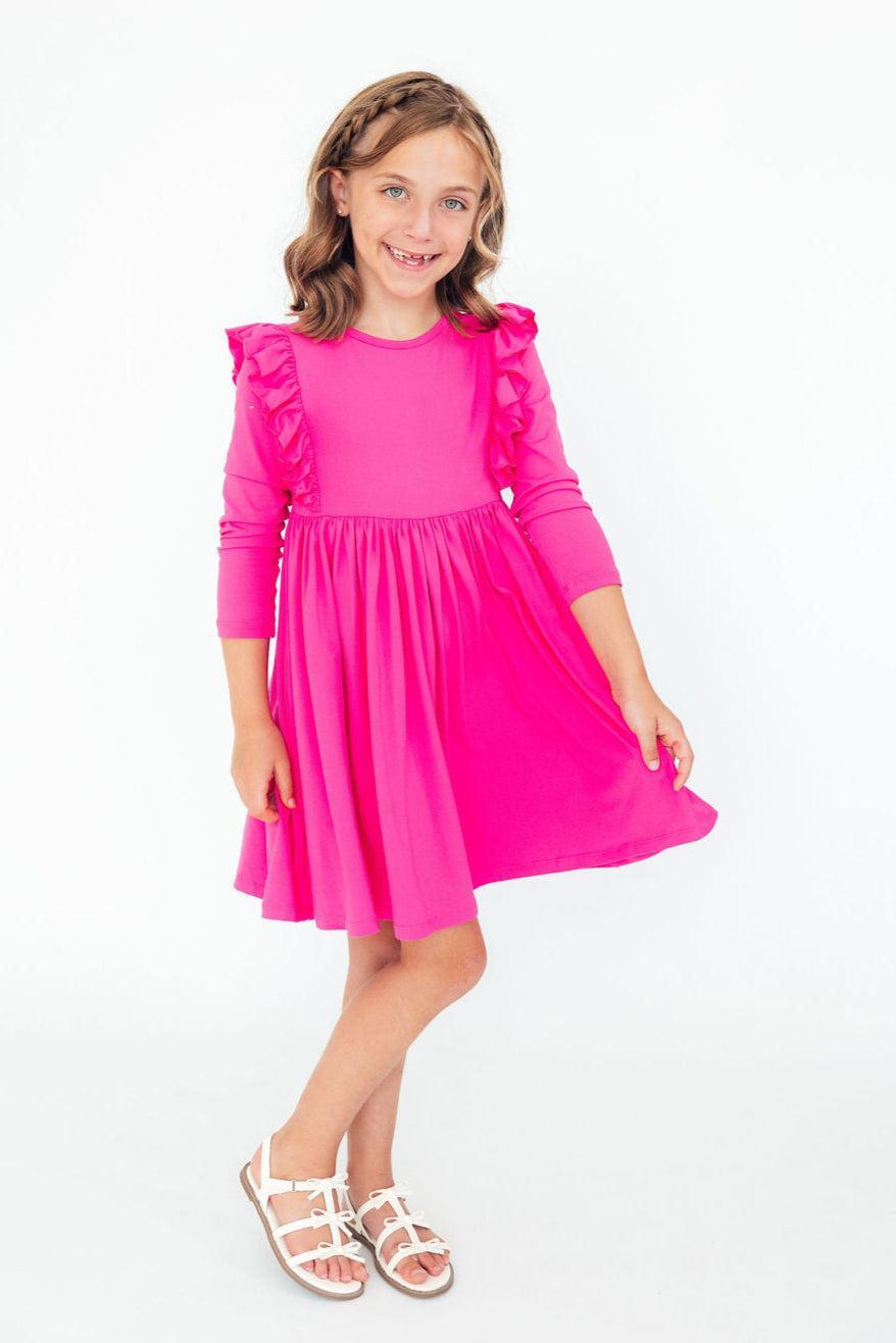 Hot Pink L/S Ruffle Twirl Dress-Mila & Rose ®