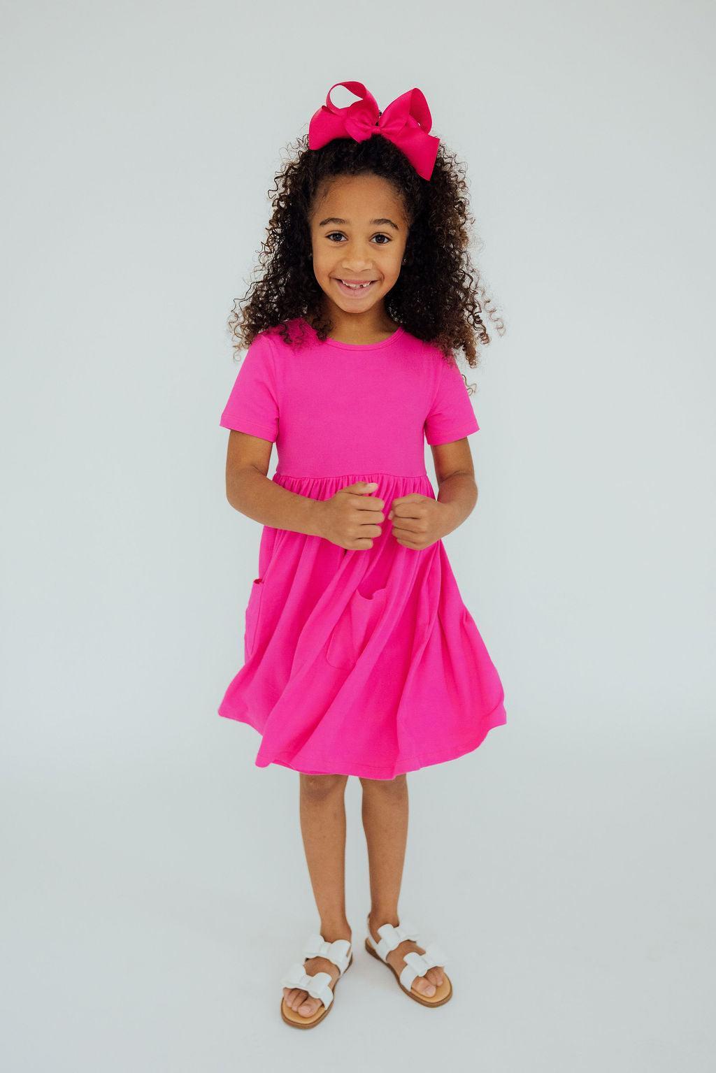 Hot Pink S/S Pocket Twirl Dress-Mila & Rose ®