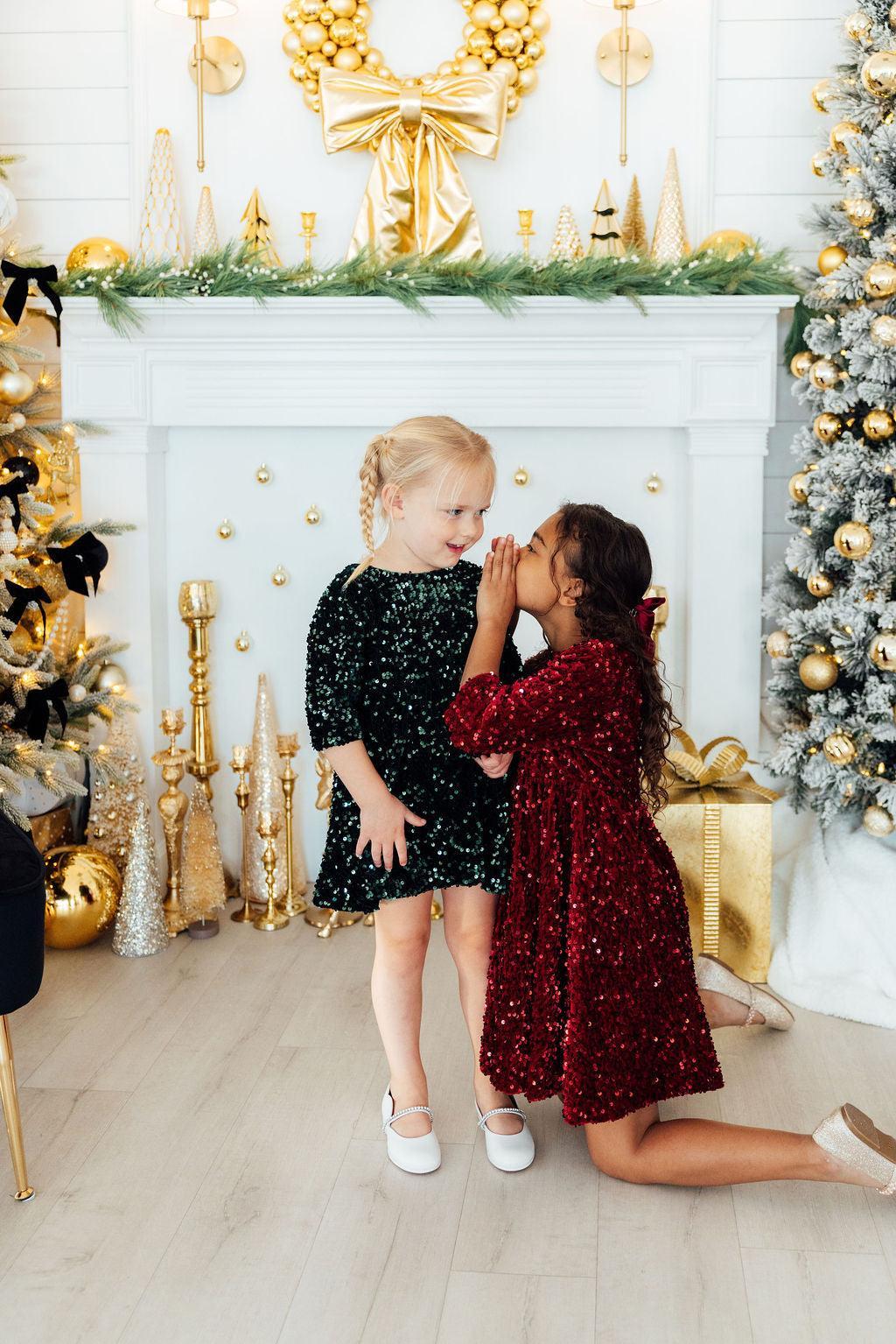 Hunter Green Velvet Sequin Dress-Mila & Rose ®