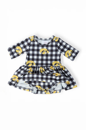 (S) Iowa Plaid Tigerhawk 3/4 Sleeve Twirl Bodysuit-Mila & Rose ®