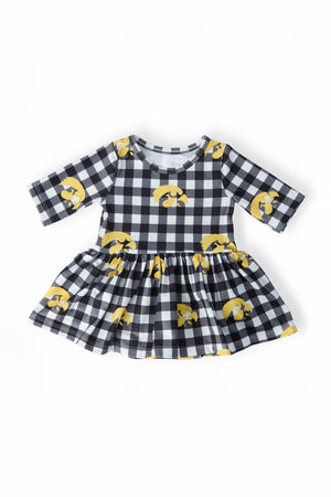 (S) Iowa Plaid Tigerhawk 3/4 Sleeve Twirl Bodysuit-Mila & Rose ®