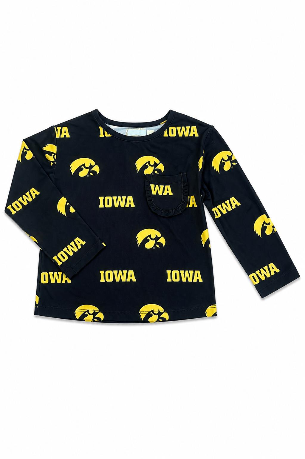 Iowa Black Tigerhawk L/S Ruffle Pocket Tee-Mila & Rose ®