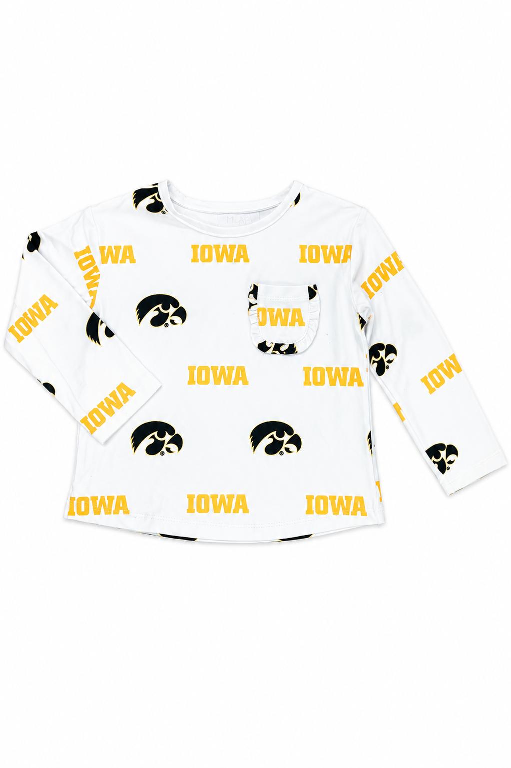 Iowa White Tigerhawk L/S Ruffle Pocket Tee-Mila & Rose ®