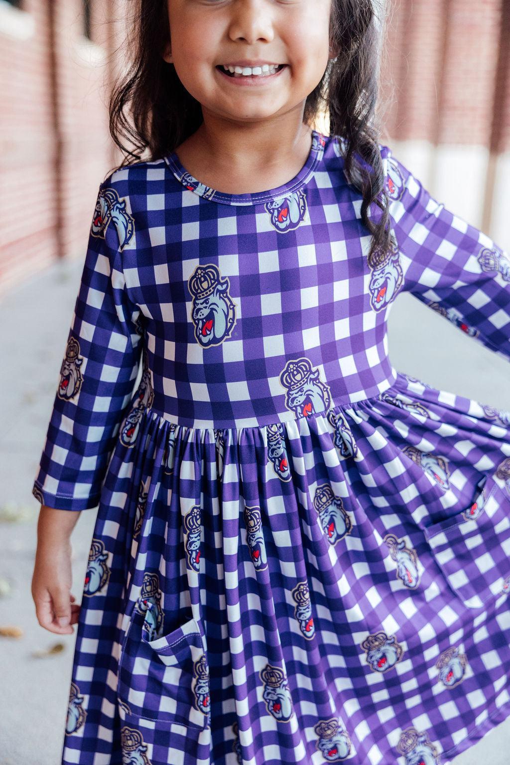JMU Plaid Duke Dog 3/4 Sleeve Pocket Twirl Dress-Mila & Rose ®
