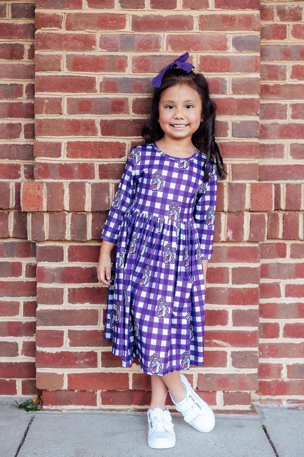 JMU Plaid Duke Dog 3/4 Sleeve Pocket Twirl Dress-Mila & Rose ®