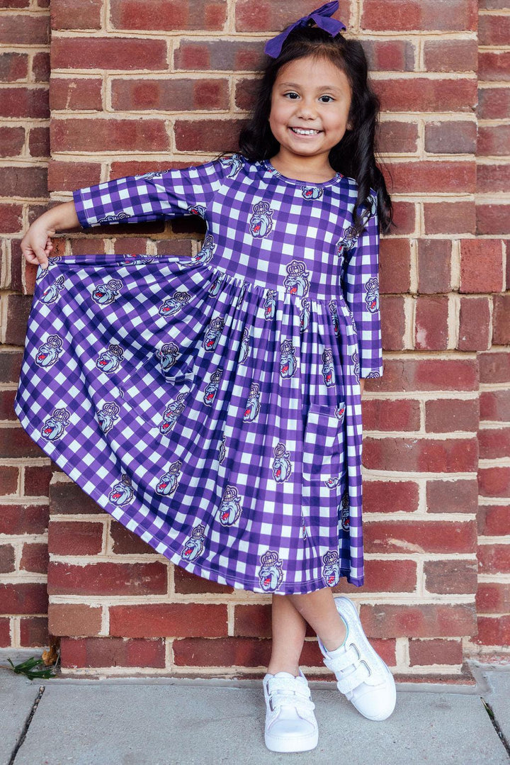 JMU Plaid Duke Dog 3/4 Sleeve Pocket Twirl Dress-Mila & Rose ®