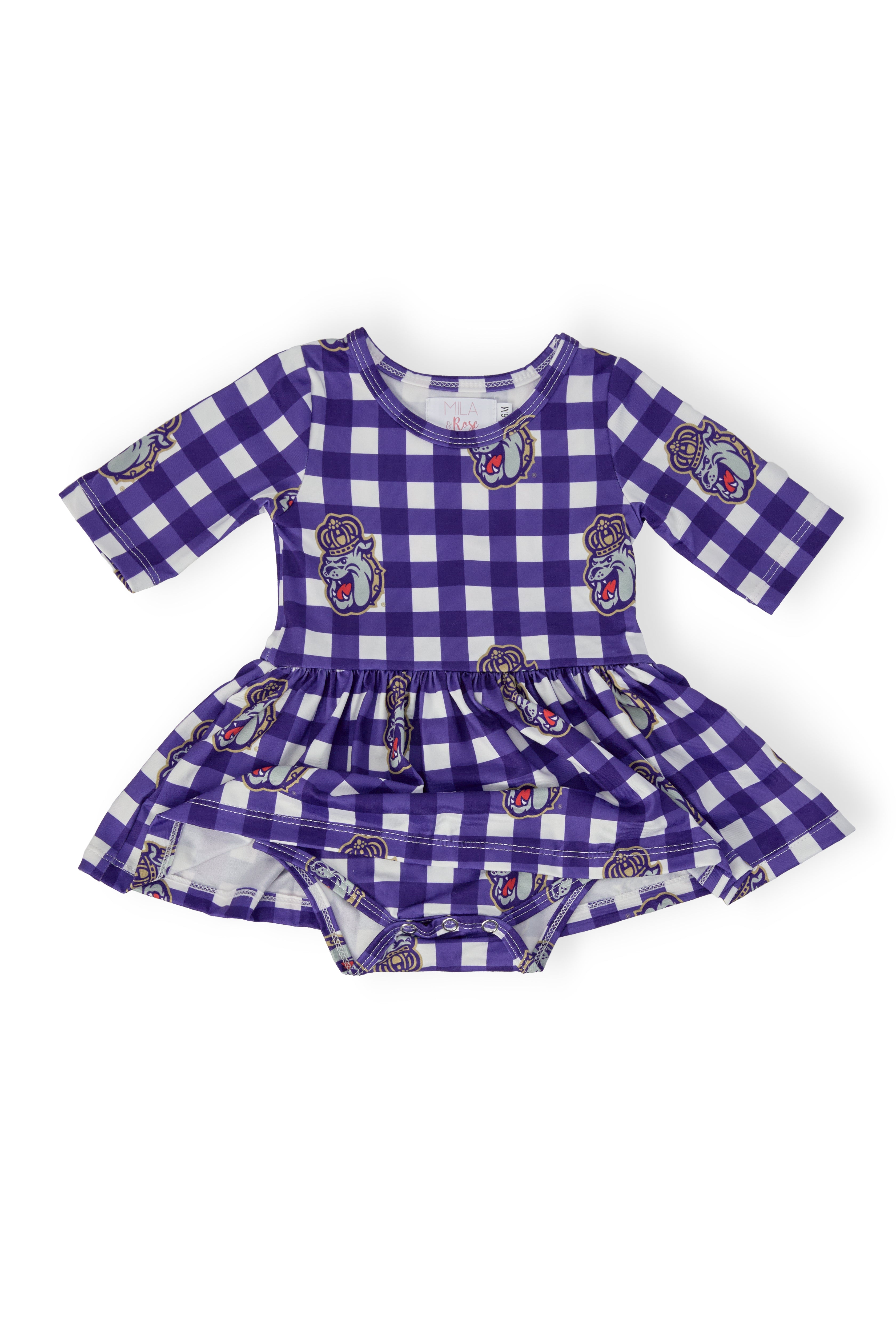 JMU Plaid Duke Dog 3/4 Sleeve Twirl Bodysuit-Mila & Rose ®