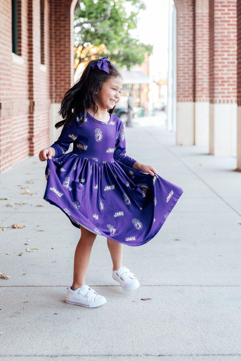 JMU Purple Duke Dog 3/4 Sleeve Pocket Twirl Dress-Mila & Rose ®