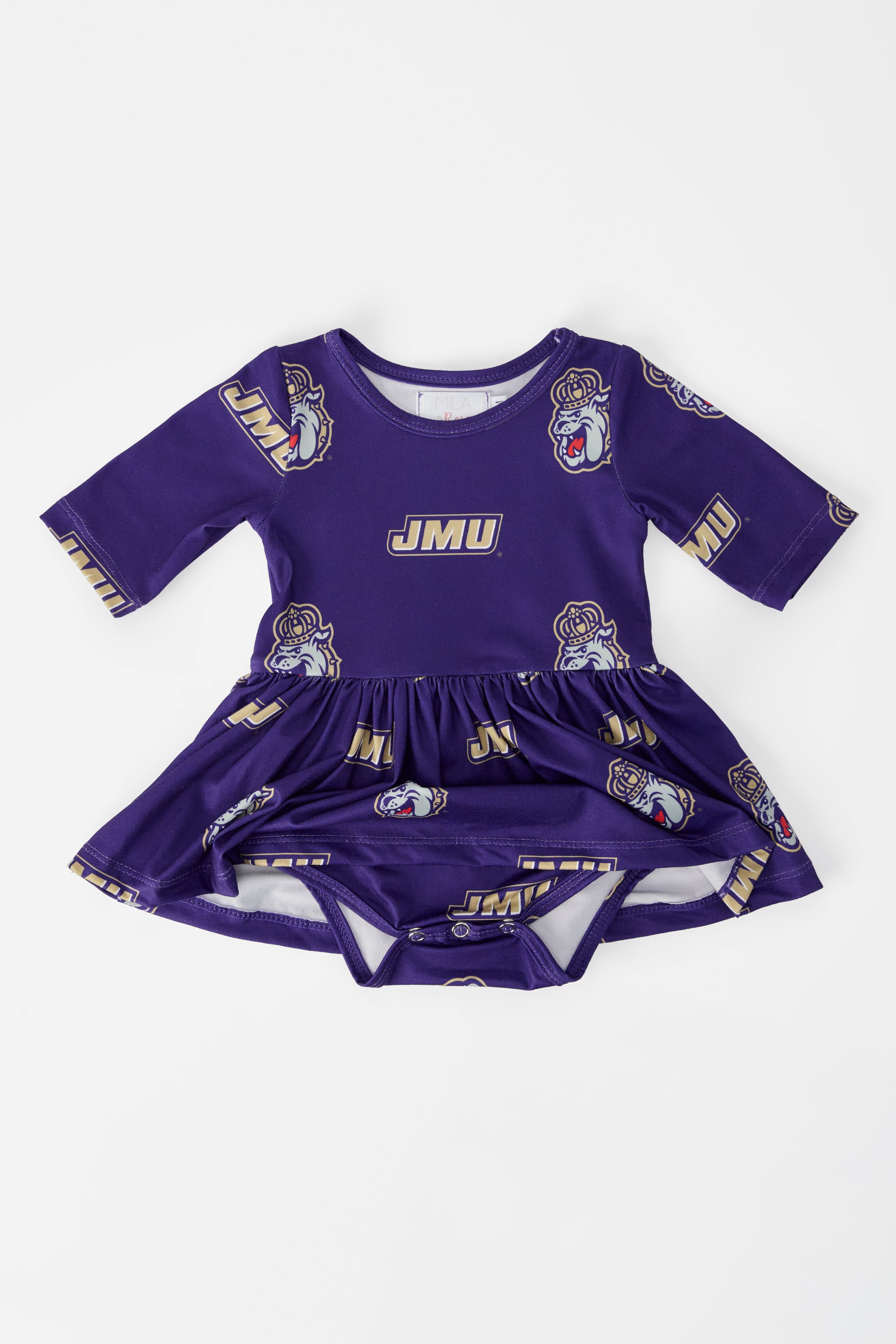JMU Purple Duke Dog 3/4 Sleeve Twirl Bodysuit-Mila & Rose ®