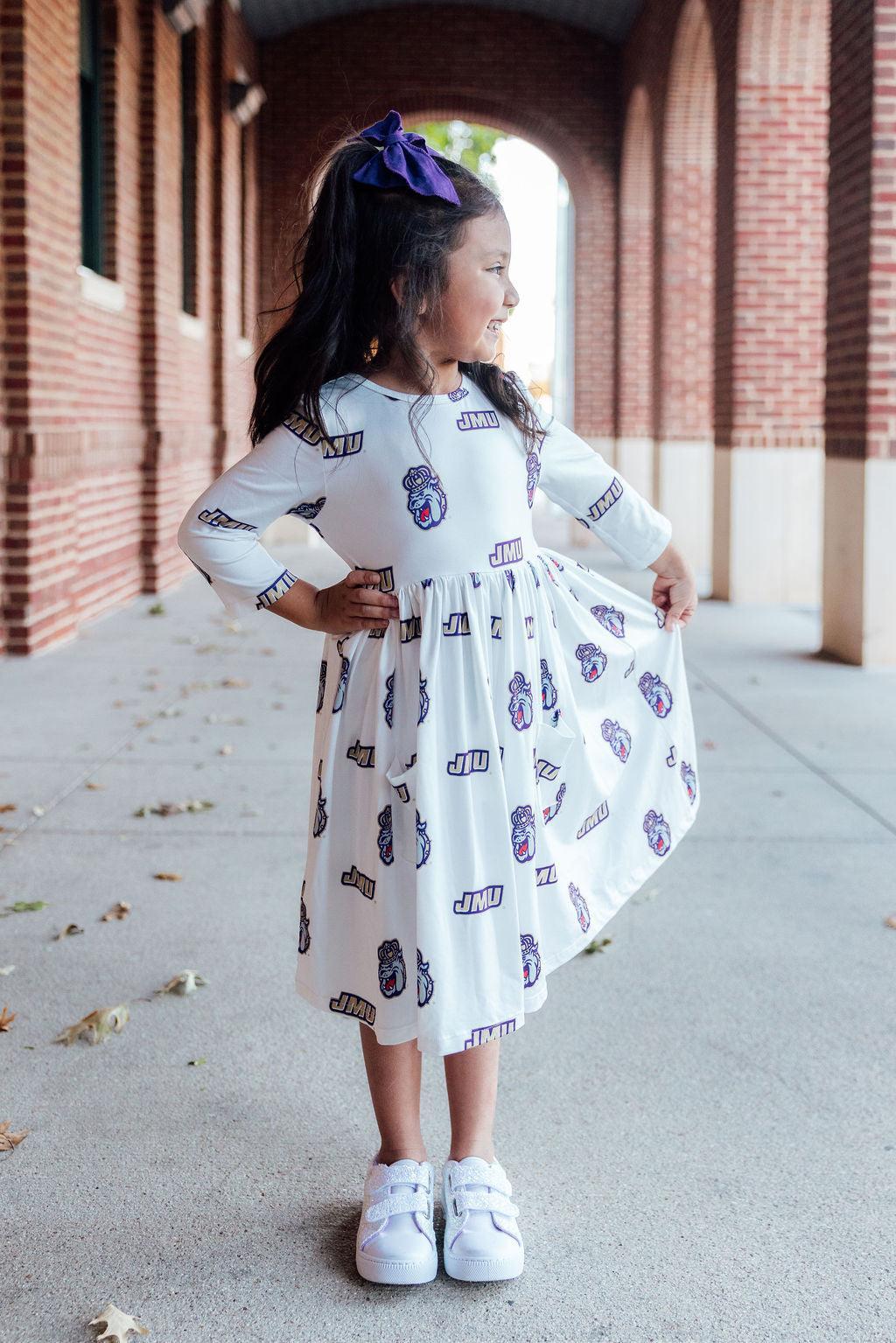 JMU White Duke Dog 3/4 Sleeve Pocket Twirl Dress-Mila & Rose ®