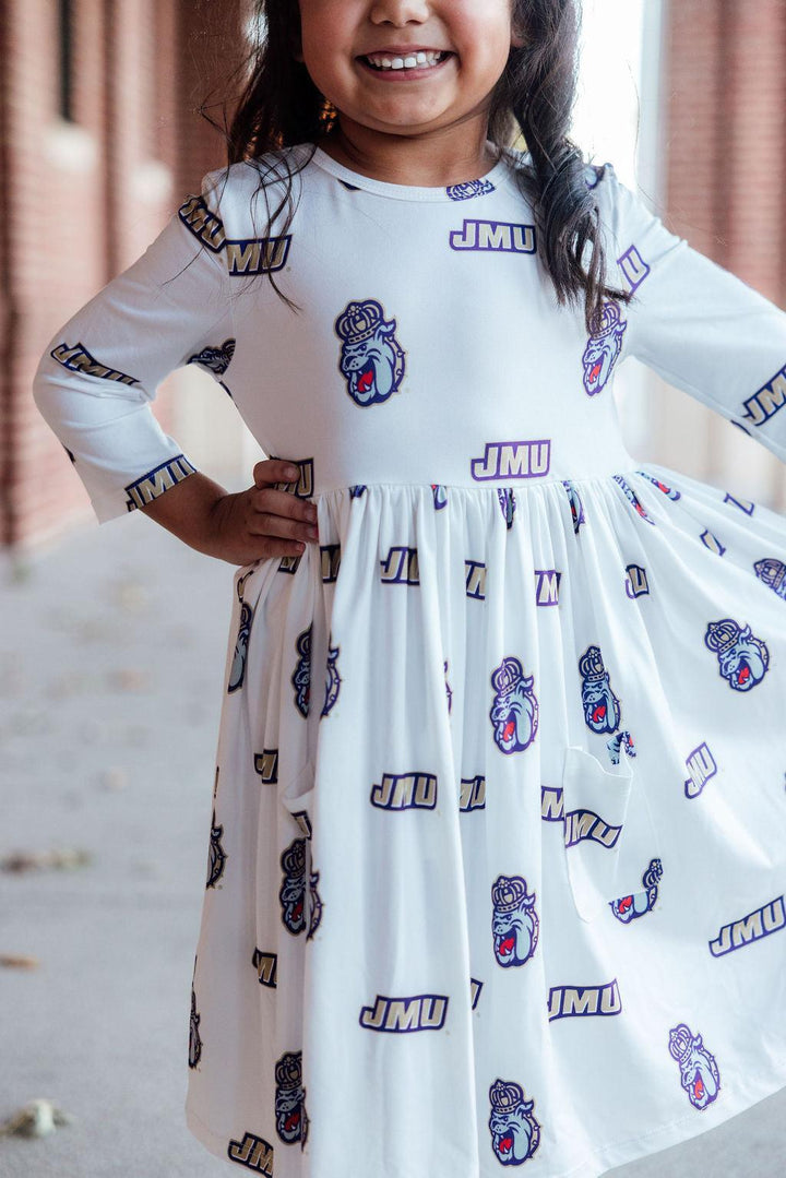 SALE JMU White Duke Dog 3/4 Sleeve Pocket Twirl Dress-Mila & Rose ®