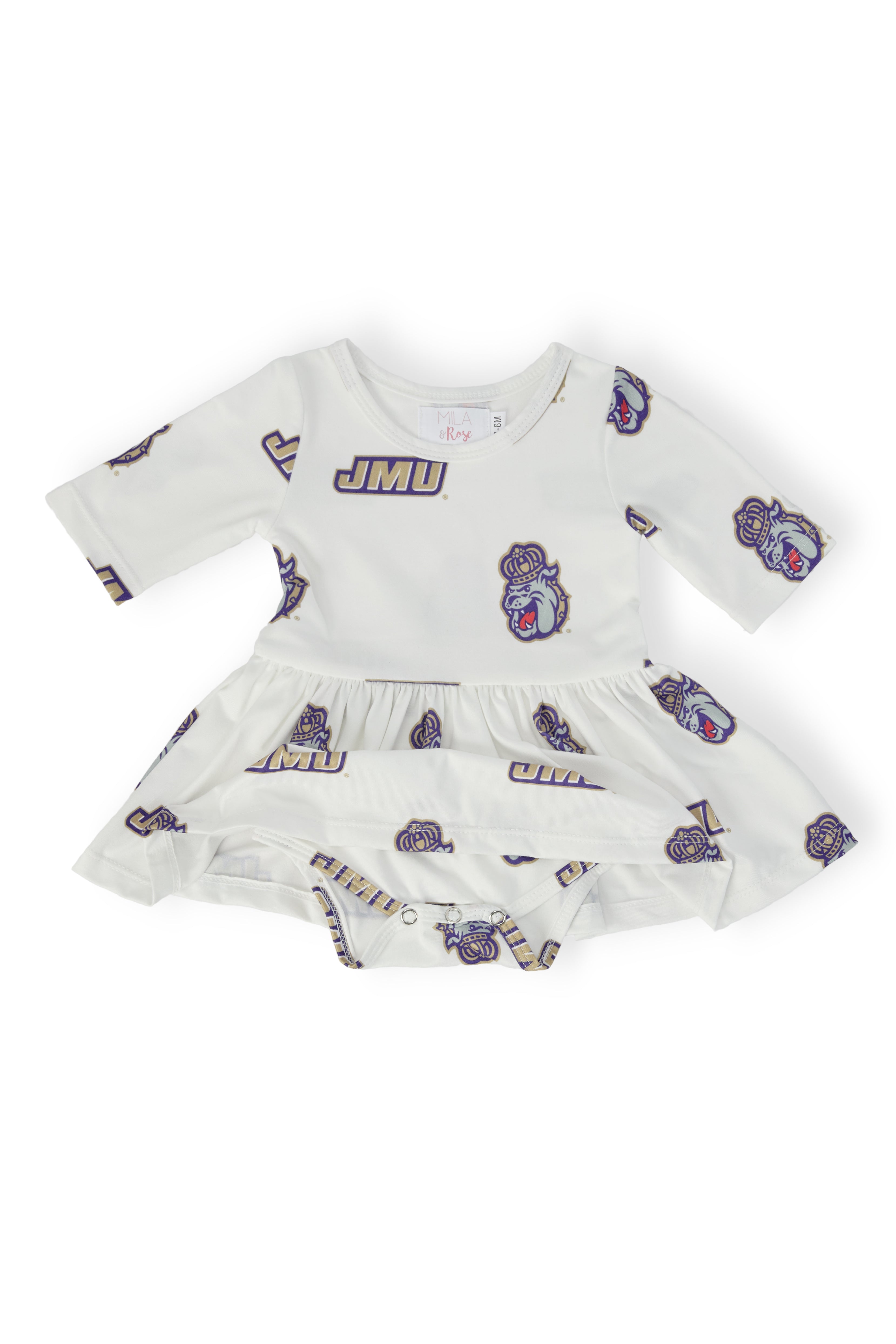 JMU White Duke Dog 3/4 Sleeve Twirl Bodysuit-Mila & Rose ®