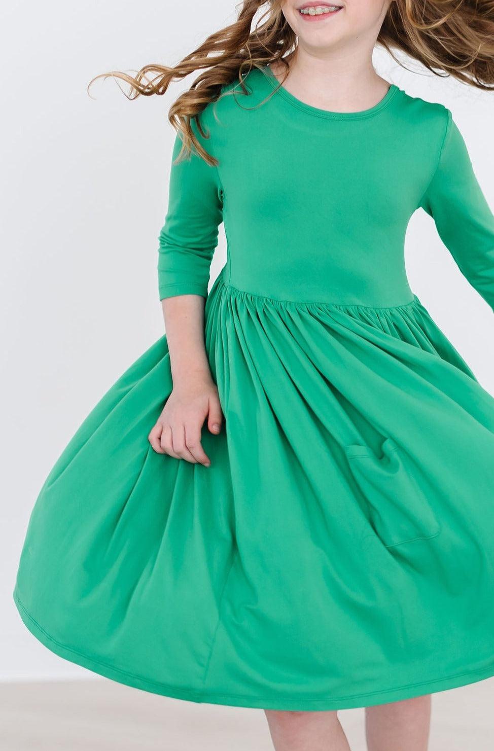green emerald velvet dress Lil Legs Patch Dress Three Quarter Sleeve main image 0