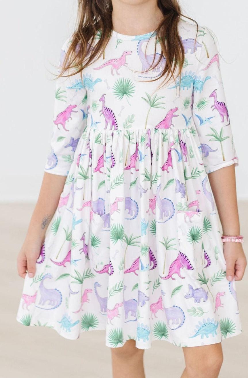 (L) Dino Darling 3/4 Sleeve Pocket Twirl Dress-Mila & Rose ®
