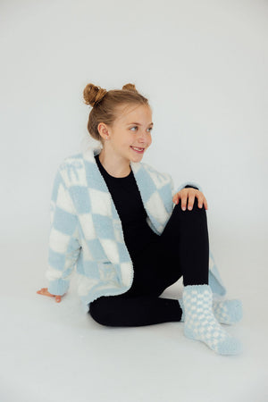 Light Blue Checker Bow Cozy Cardigan-Mila & Rose ®