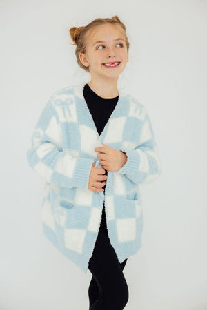 Light Blue Checker Bow Cozy Cardigan-Mila & Rose ®