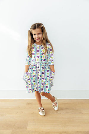 Mardi Gras 3/4 Sleeve Pocket Twirl Dress-Mila & Rose ®
