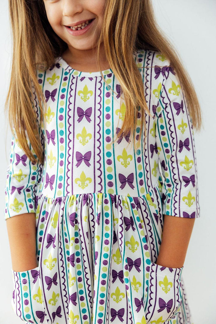 Mardi Gras 3/4 Sleeve Pocket Twirl Dress-Mila & Rose ®