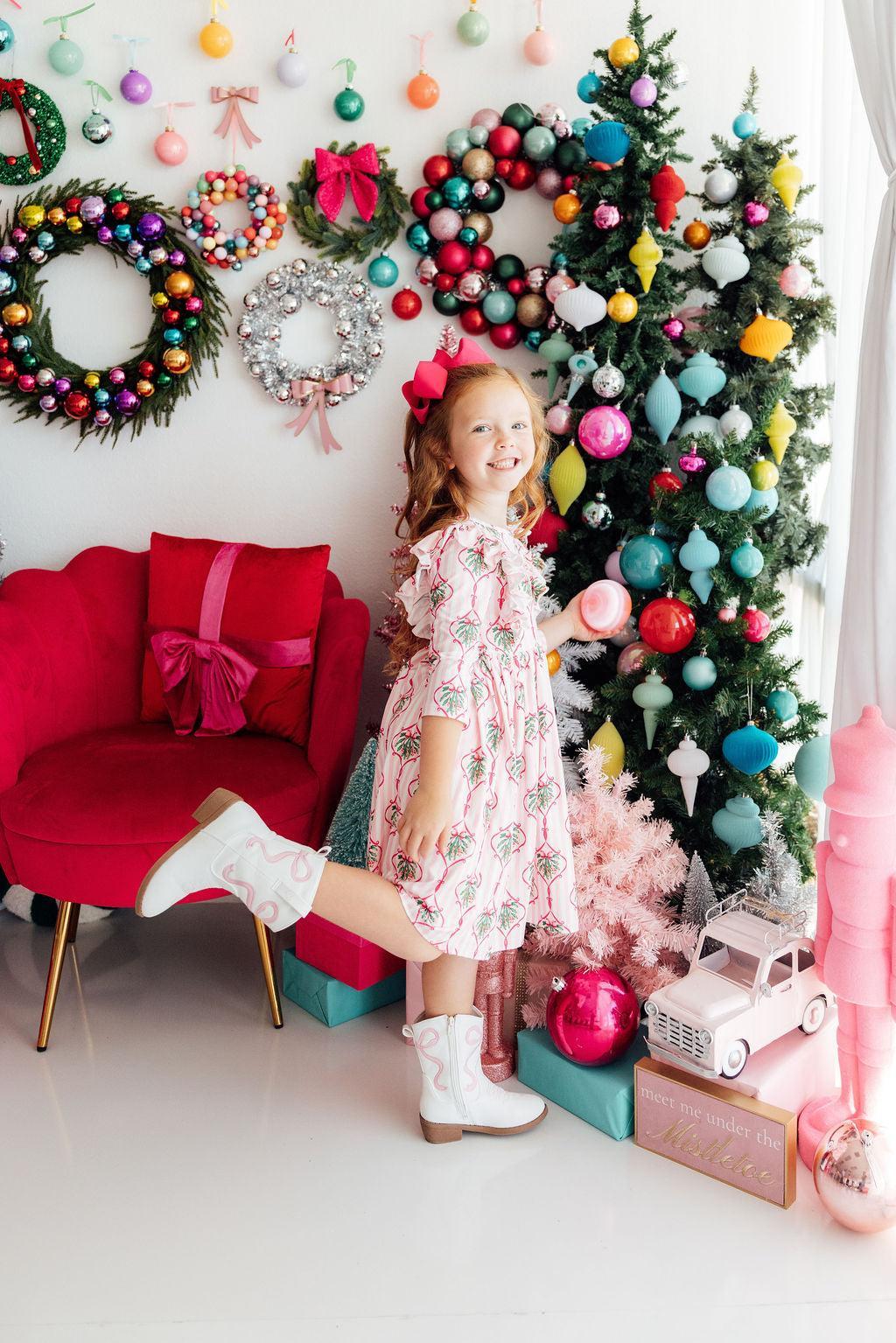 Merry Mistletoe 3/4 Sleeve Ruffle Twirl Dress-Mila & Rose ®