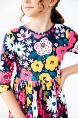 Midnight Floral 3/4 Sleeve Pocket Twirl Dress-Mila & Rose ®