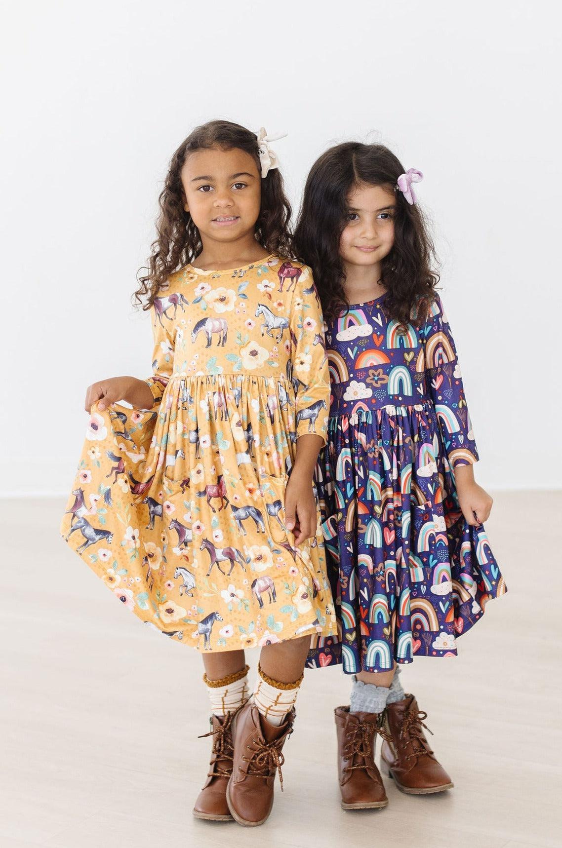 Girls' Midnight Rainbow 3/4 Sleeve Pocket Twirl Dress Size: 3T Toddler By Mila & Rose