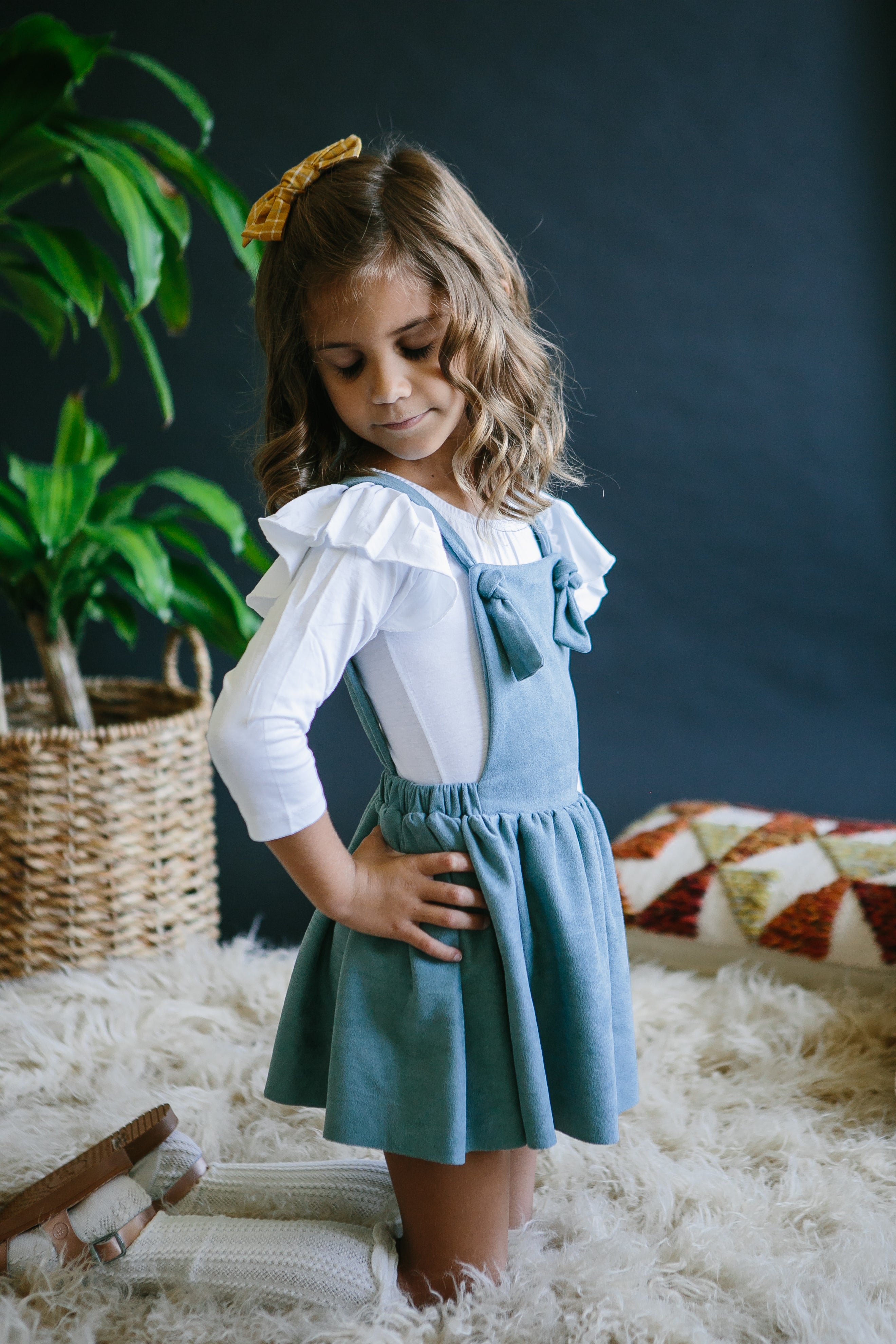 Vintage Blue Faux Suede Pinafore | Mila & Rose