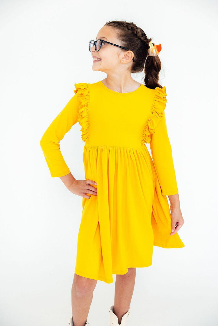 Mustard L/S Ruffle Twirl Dress-Mila & Rose ®