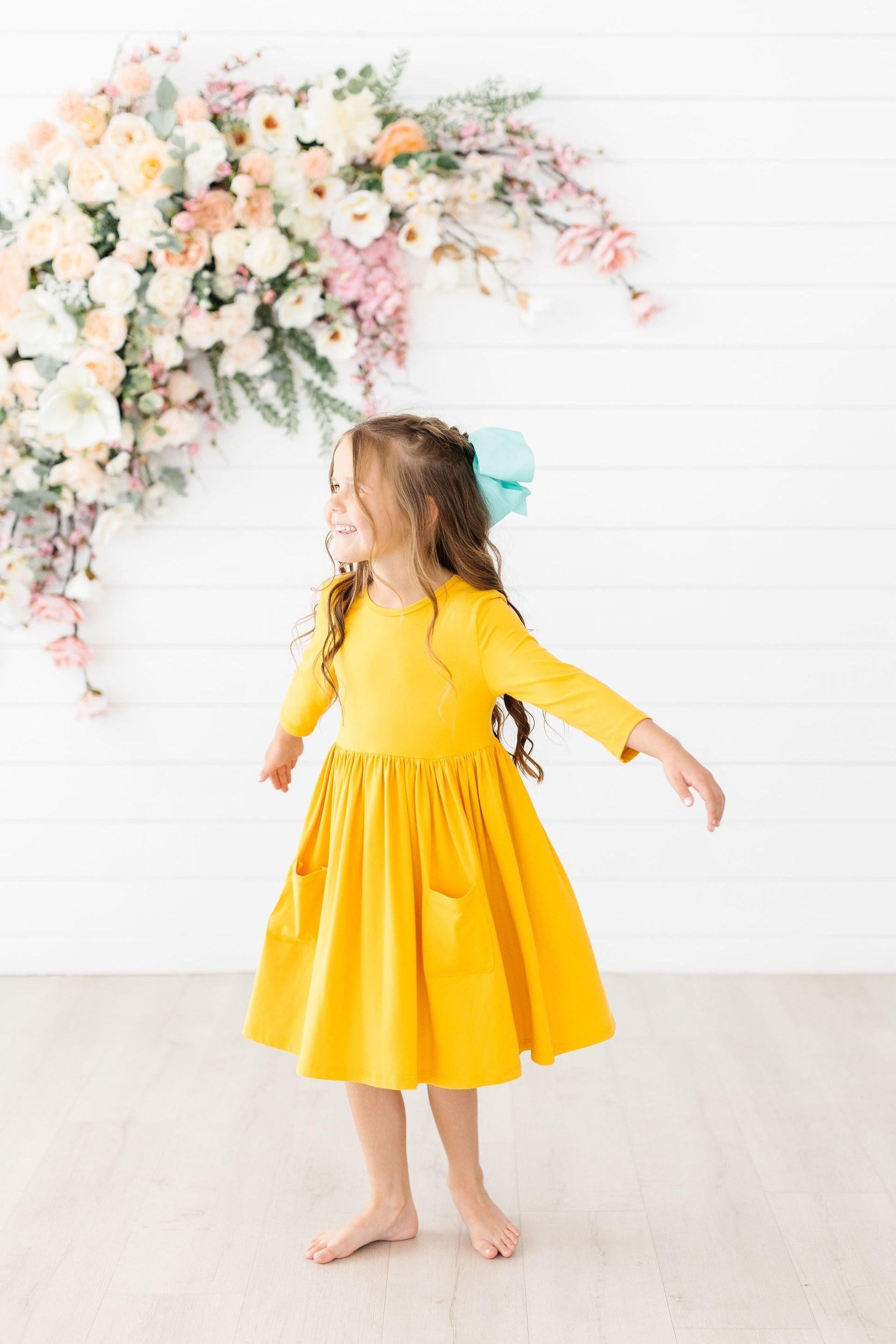 Mustard 3/4 Sleeve Pocket Twirl Dress-Mila & Rose ®