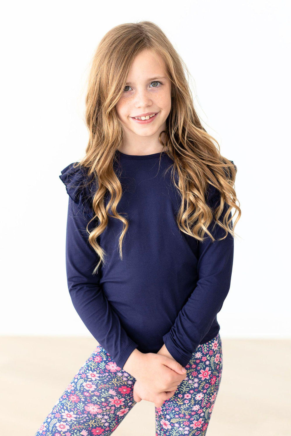 Navy L/S Ruffle Tee-Mila & Rose ®