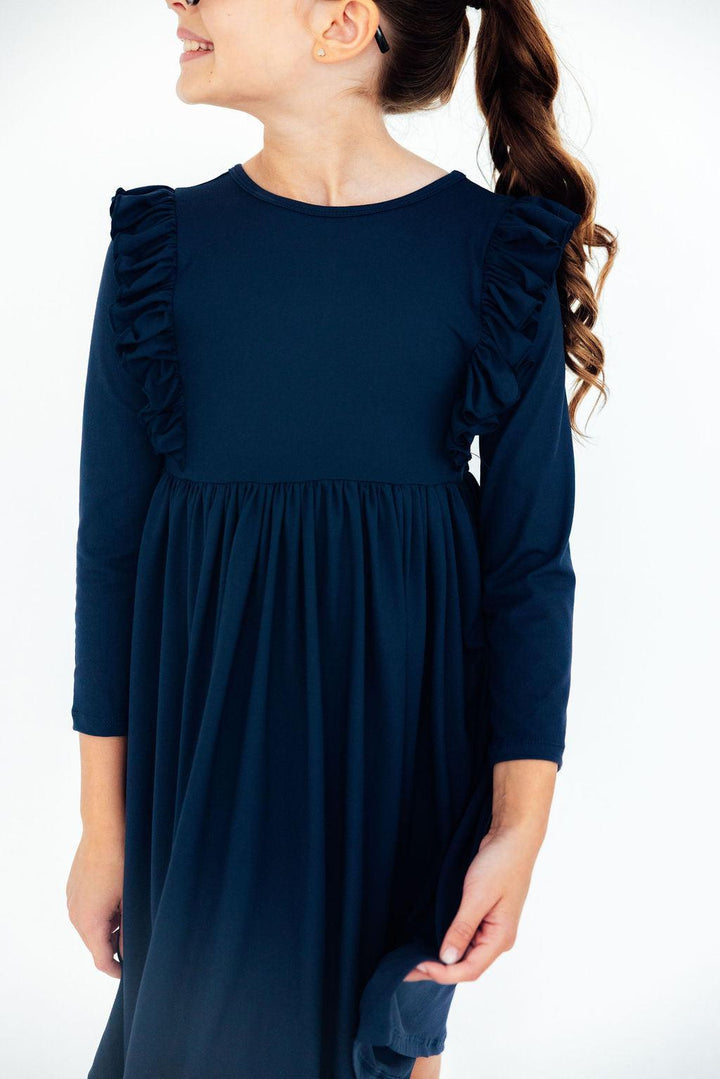 Navy L/S Ruffle Twirl Dress-Mila & Rose ®
