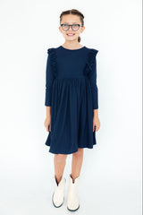Navy L/S Ruffle Twirl Dress-Mila & Rose ®