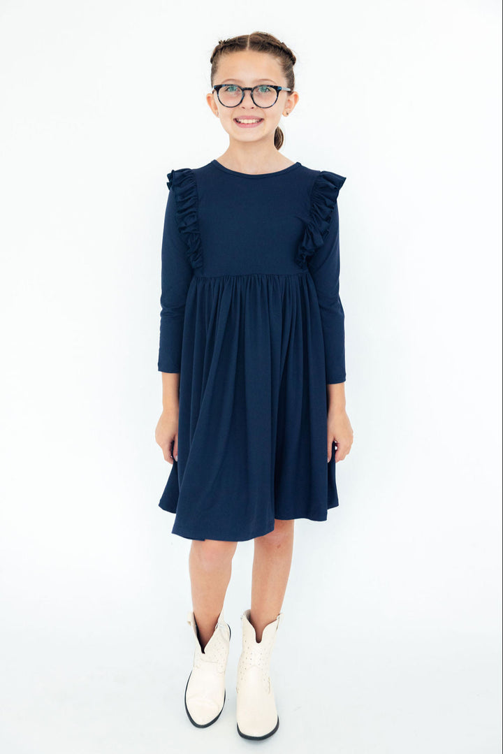 Navy L/S Ruffle Twirl Dress-Mila & Rose ®