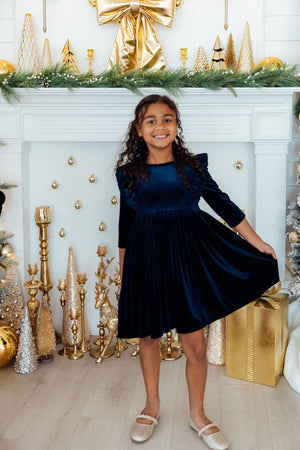 Girls' Navy Velvet Ruffle Twirl Dress Size: 5/6 By Mila & Rose Girls' Navy Velvet Ruffle Twirl Dress Size: 5/6 By Mila & Rose