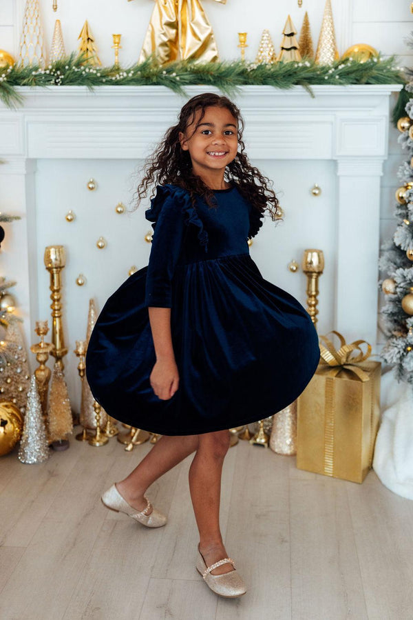 belati velvet corduroy dress with embroidered floral crest navy Belati