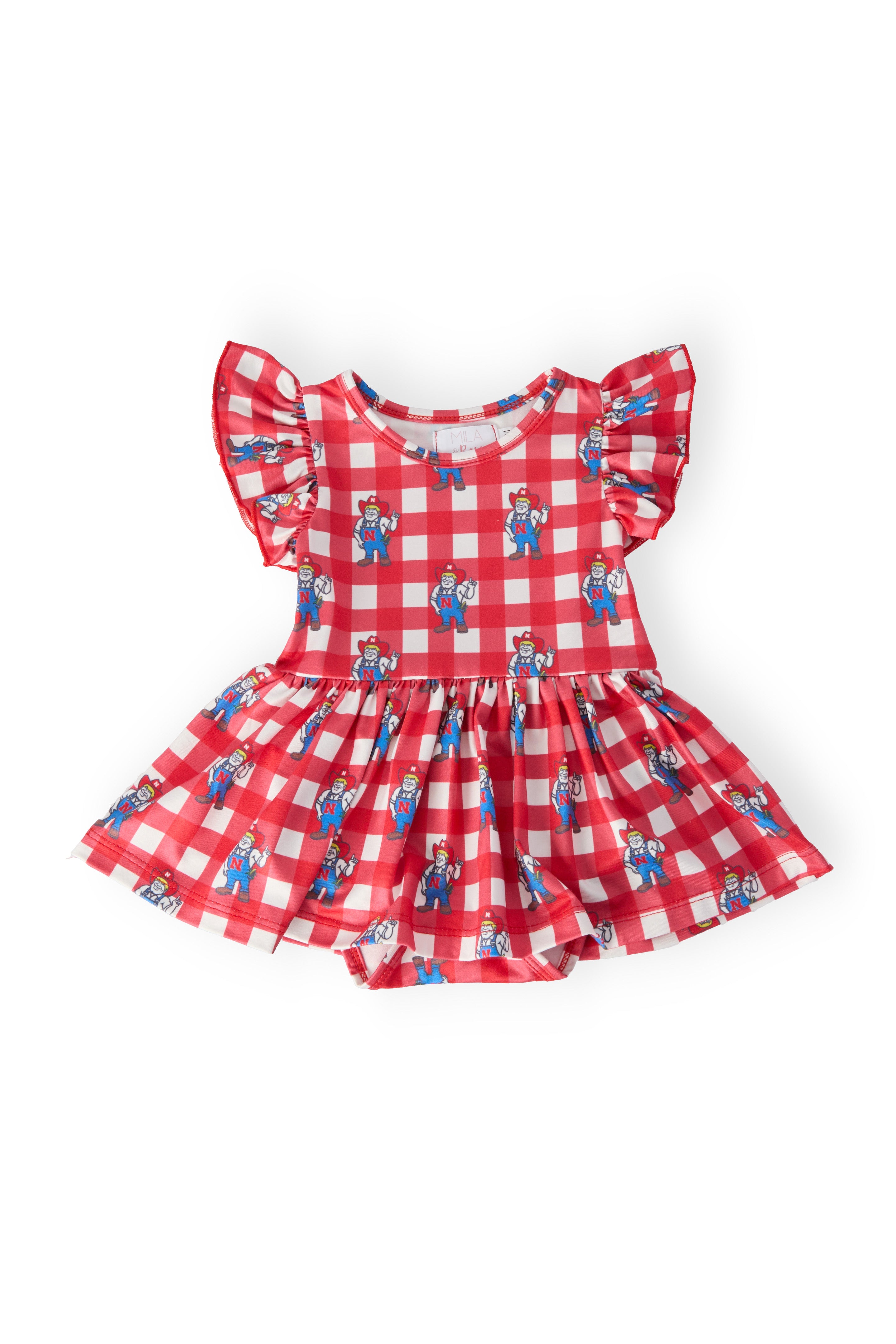 (S) Nebraska Plaid Herbie Husker Flutter Twirl Bodysuit-Mila & Rose ®