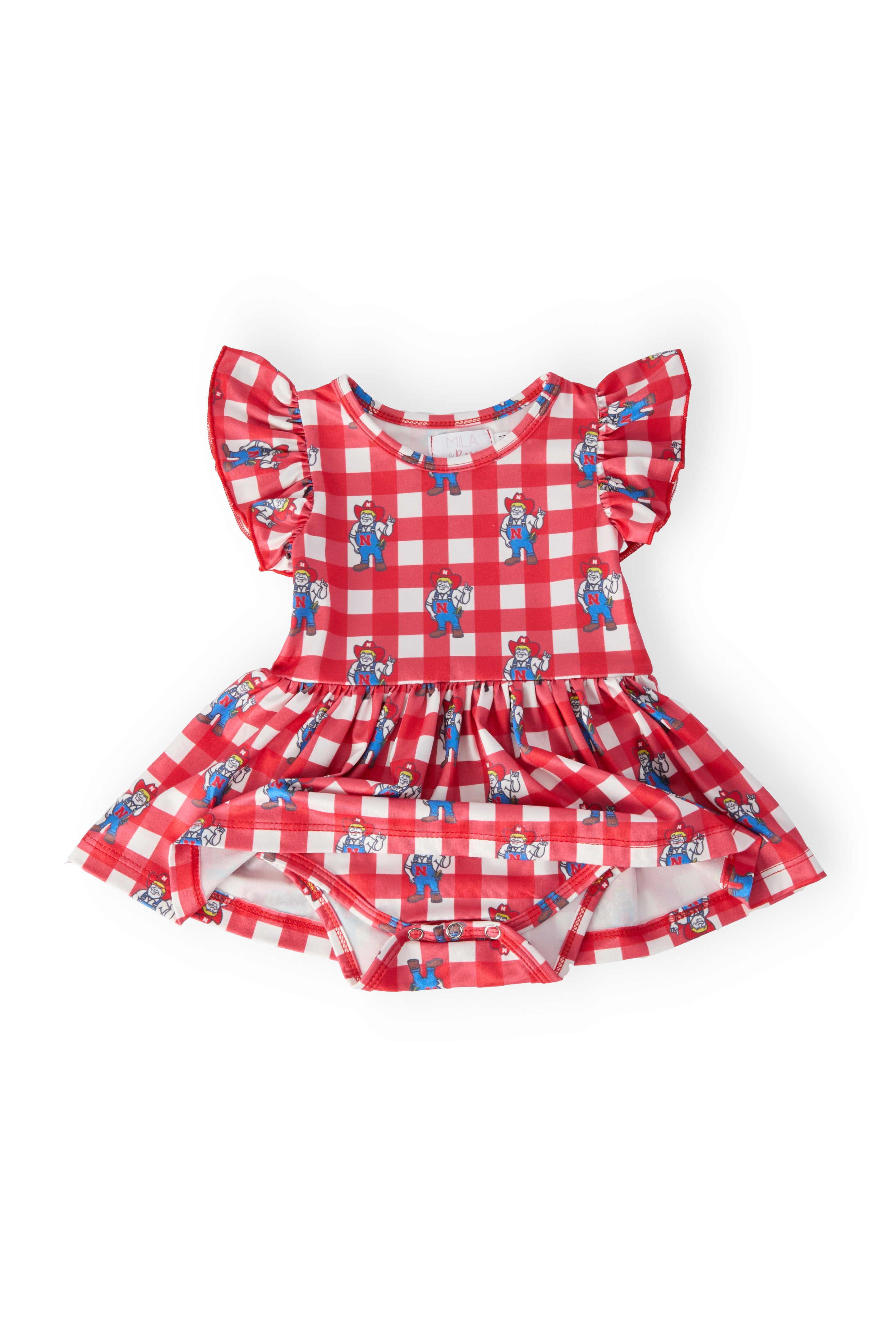 (S) Nebraska Plaid Herbie Husker Flutter Twirl Bodysuit-Mila & Rose ®