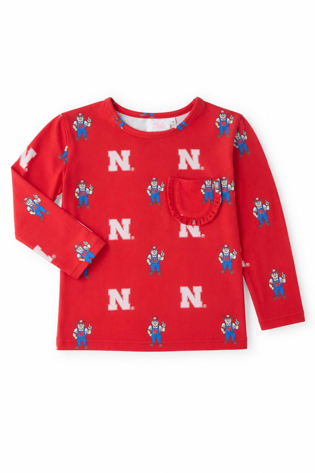 Nebraska Red Herbie Husker L/S Ruffle Pocket Tee-Mila & Rose ®
