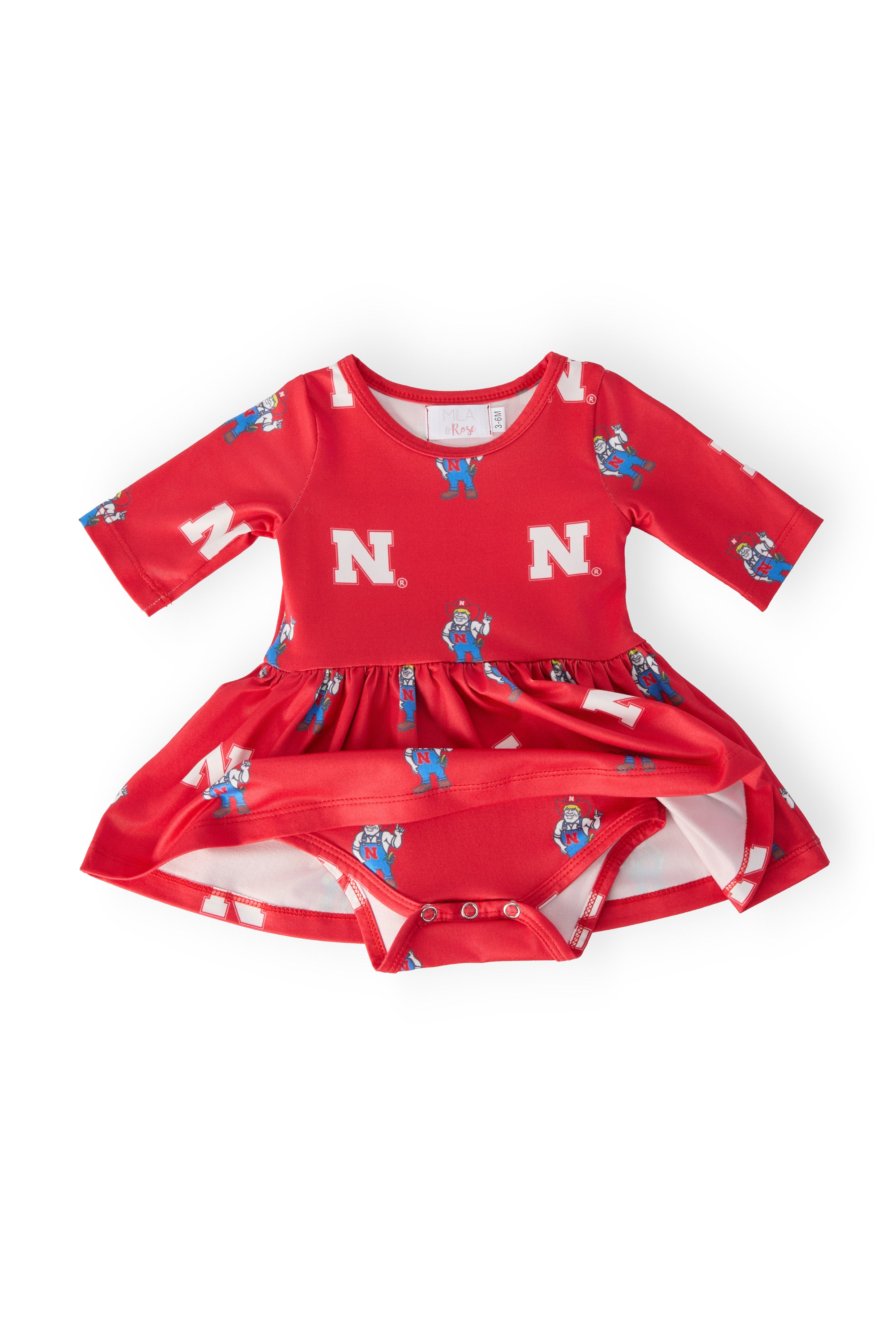 Nebraska Red Herbie Husker 3/4 Sleeve Twirl Bodysuit-Mila & Rose ®