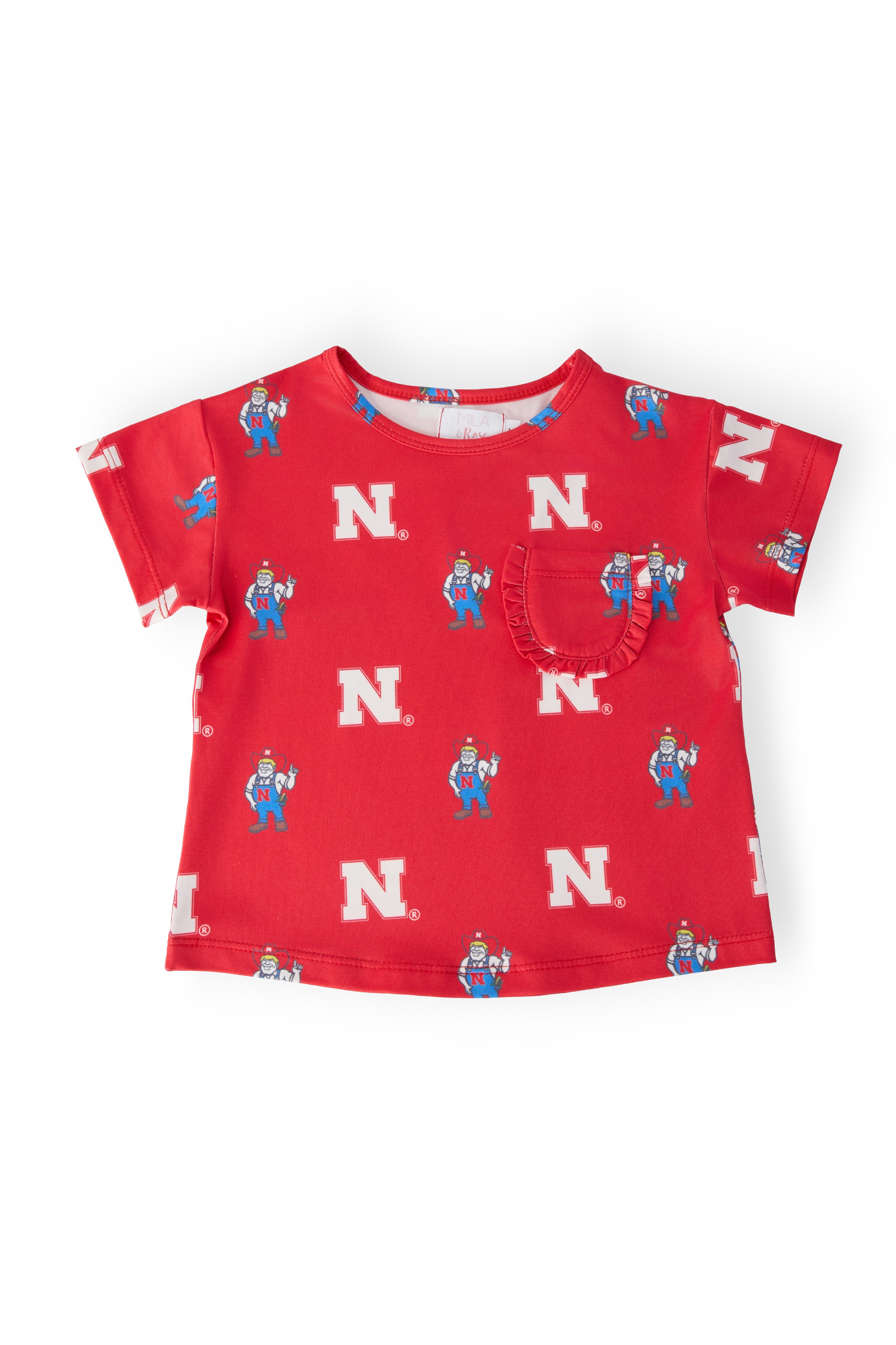 Nebraska Red Herbie Husker Ruffle Pocket Tee-Mila & Rose ®