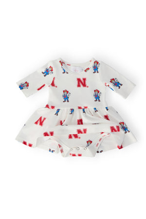 (S) Nebraska White Herbie Husker 3/4 Sleeve Twirl Bodysuit-Mila & Rose ®