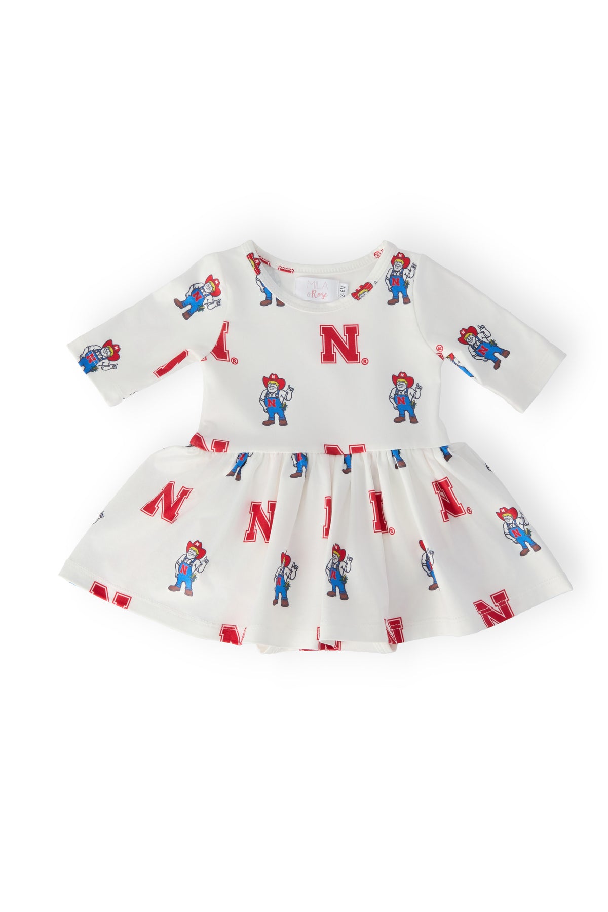 (S) Nebraska White Herbie Husker 3/4 Sleeve Twirl Bodysuit-Mila & Rose ®